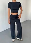 Osy Modal Yumuşak Dokulu Kumaş Kısa Kollu Crop Rahat Pantalon Ikili Takım - Füme resmi